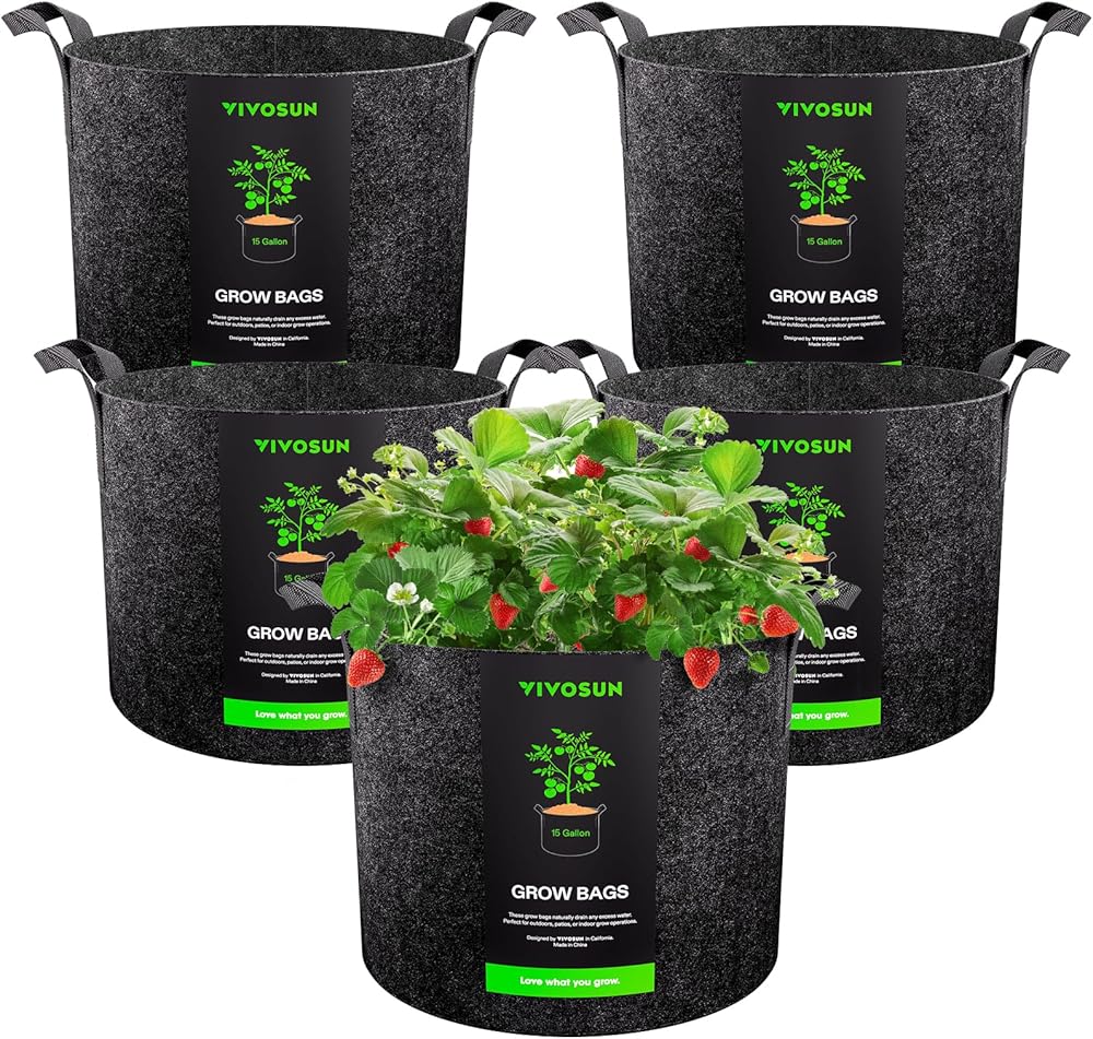 VIVOSUN 5-Pack 15 Gallon Grow Bags Heavy Duty 300G Thickened Nonwoven Plant Fabric Pots with Handles